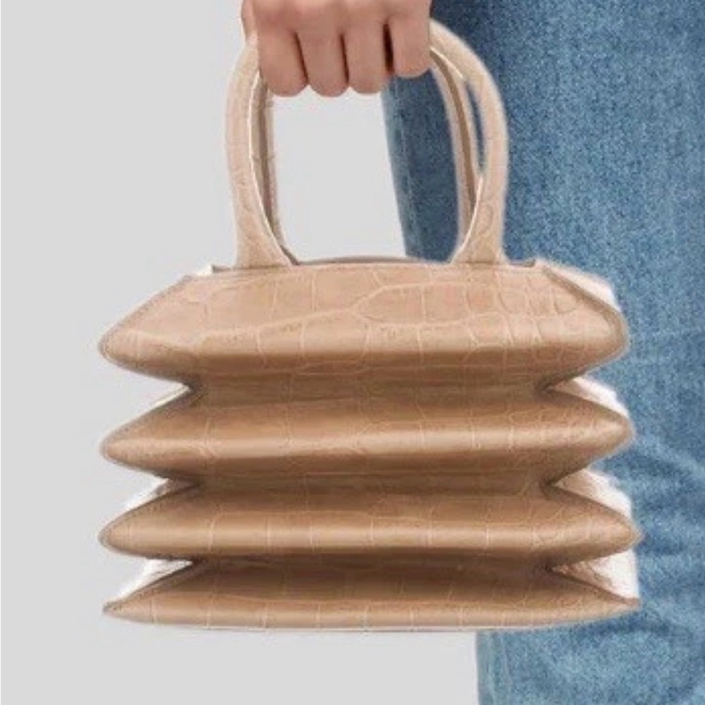 Staud Hutton Tan Crocodile-Embossed Handbag